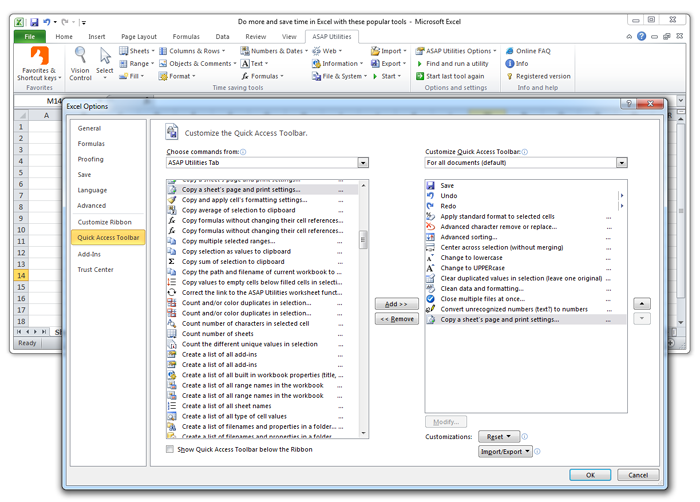 Customize the Quick Access Toolbar with tools from ASAP Utilities